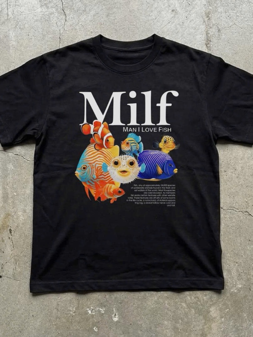 Milf (Man I Love Fish) Black Graphic T-Shirt - Colorful Fish Design